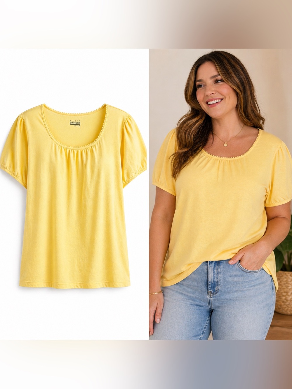 Basic Editions Yellow Short Sleeve Top 3X | Soft Casual Tee Blouse